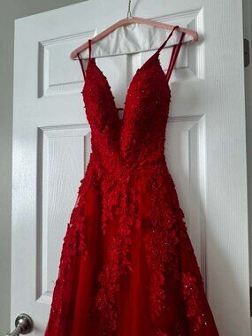 La Femme — Red Lace Appliqué Tulle A-Line Gown